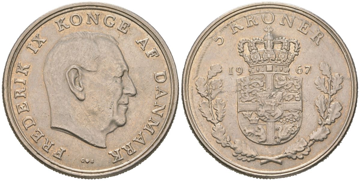 Дания 5 крон 1967 C; S, Фредерик IX (1947-1972) KM 853 медно-никель aUNC 4536-412