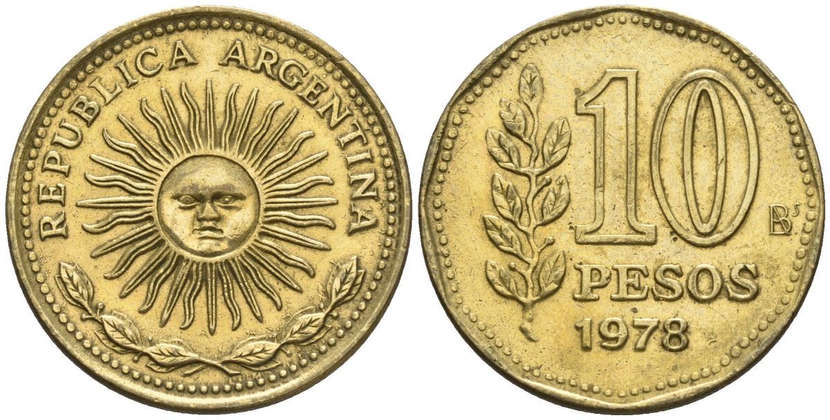Аргентина 10 песо 1978 Ba, майское солнце KM 72, CJ 321, Schon 72 алюминиевая бронза    60-517