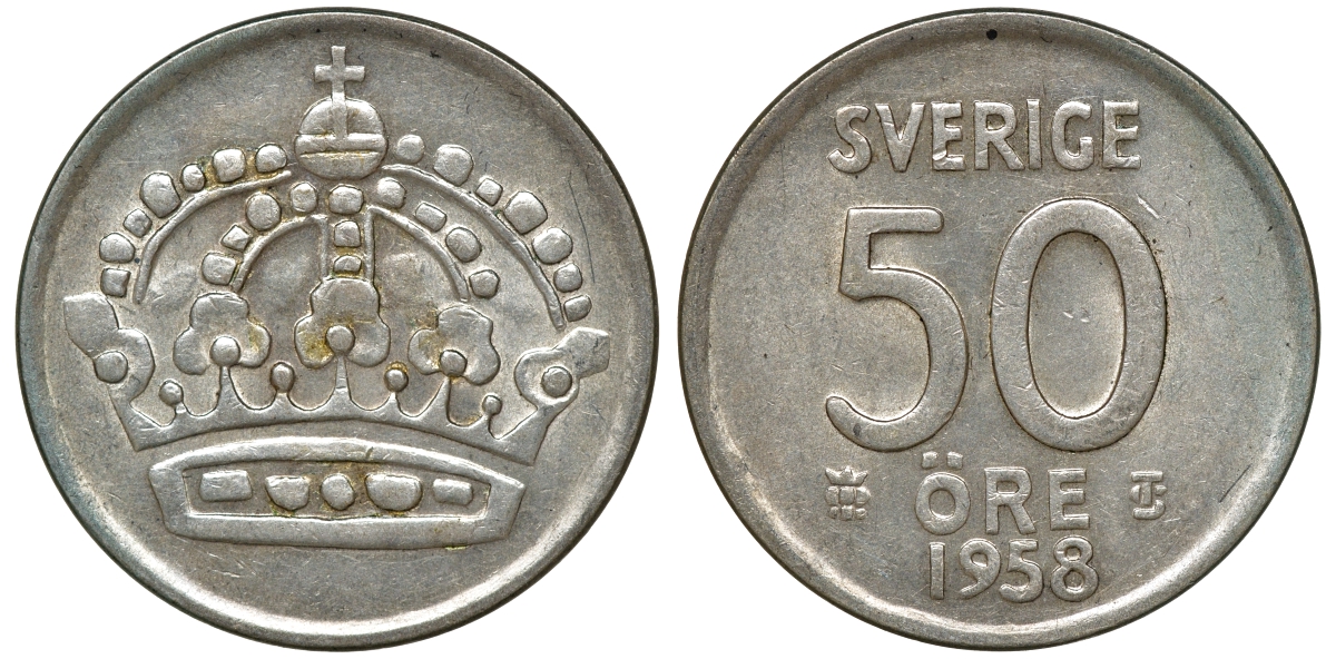 Швеция 50 эре 1958 T;S, Густав VI Адольф (1950-1973) KM 825 серебро 4179-1022