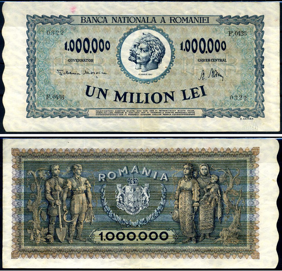 Румыния 1000000 леев 1947 Траян и Децебал, семья крестьян Pick 60 a бумага 8590-5-2-1