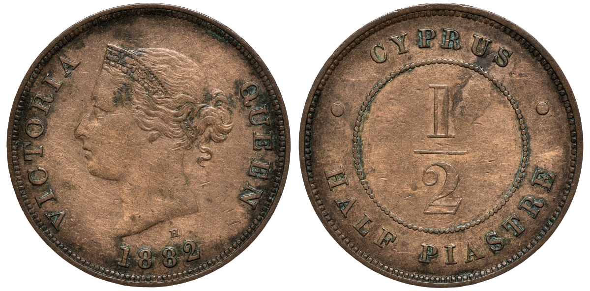 Кипр 1/2 пиастра 1882 Н, Виктория (1837-1901), редкая KM 2 бронза 00-801-70