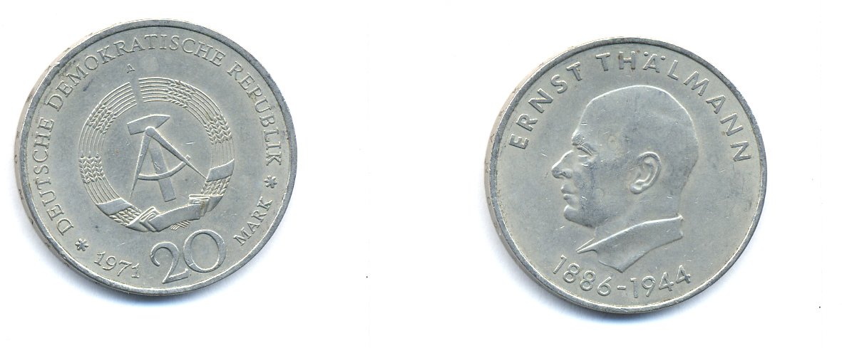 ГДР 20 марок 1971 A, 85 лет со дня рождения Эрнста Тельмана KM 34, J. 1535 медно-никель 3333-536