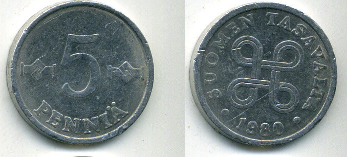 ФИНЛЯНДИЯ 5 ПЕННИ 1980 KM 45a алюминий 61-1223