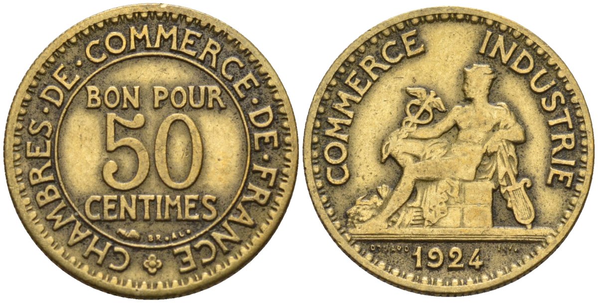 Франция 50 сантимов 1924 KM 884 алюминиевая бронза 4596-522