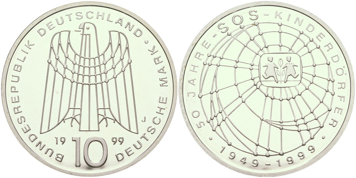 ФРГ 10 марок 1999 J, 50 лет организации защиты детей KM 198 серебро PROOF 04-137-12