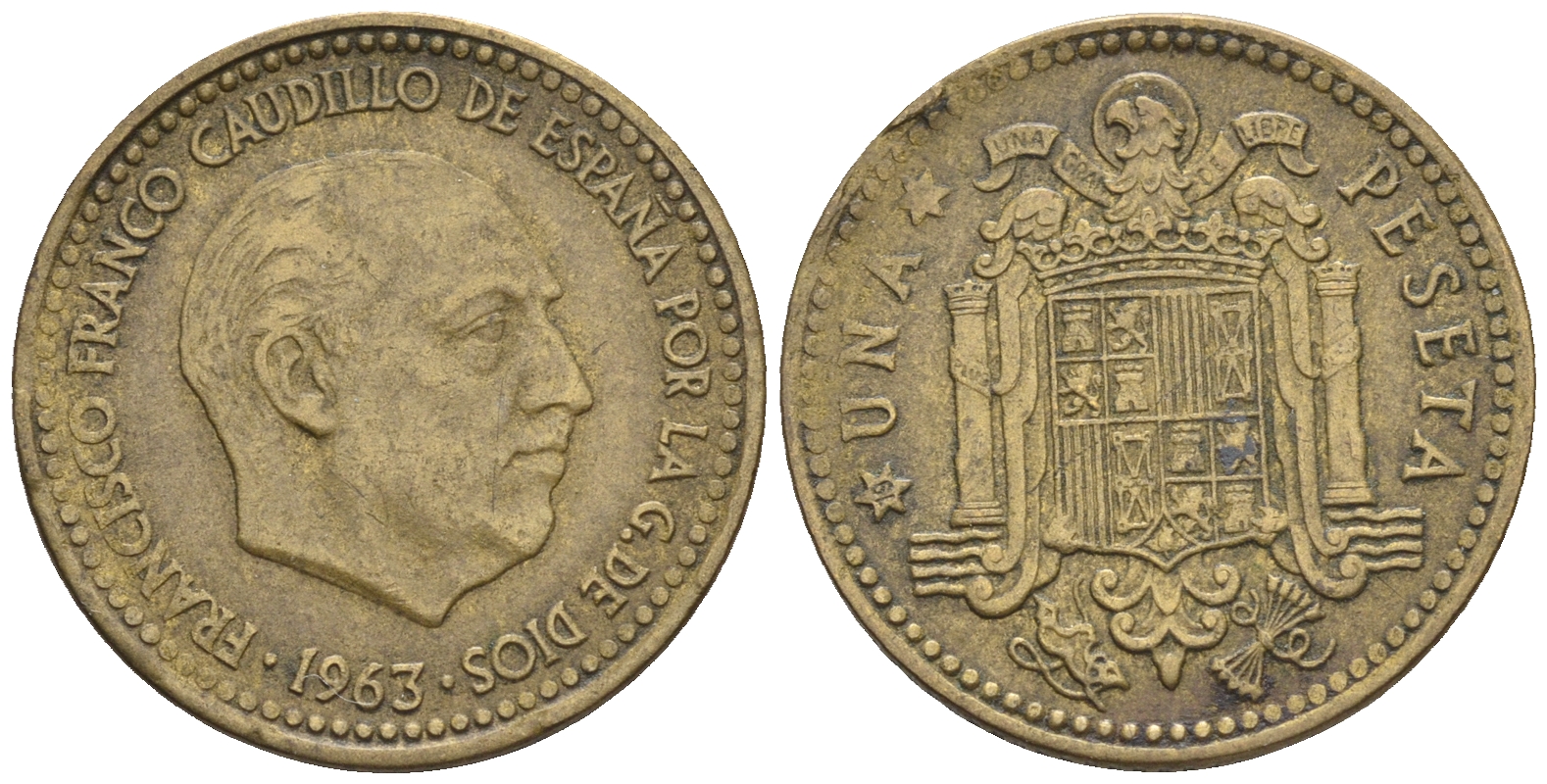 Испания 1 песета 1963 (63) Франсиско Франко (1939-1975) KM 775 алюминиевая бронза 85-646