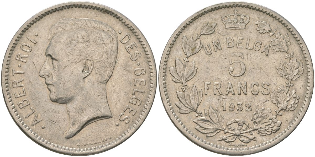 Бельгия 5 франков 1932 Belges, Альберт I (1909-1934) KM 97 никель 4157-1131
