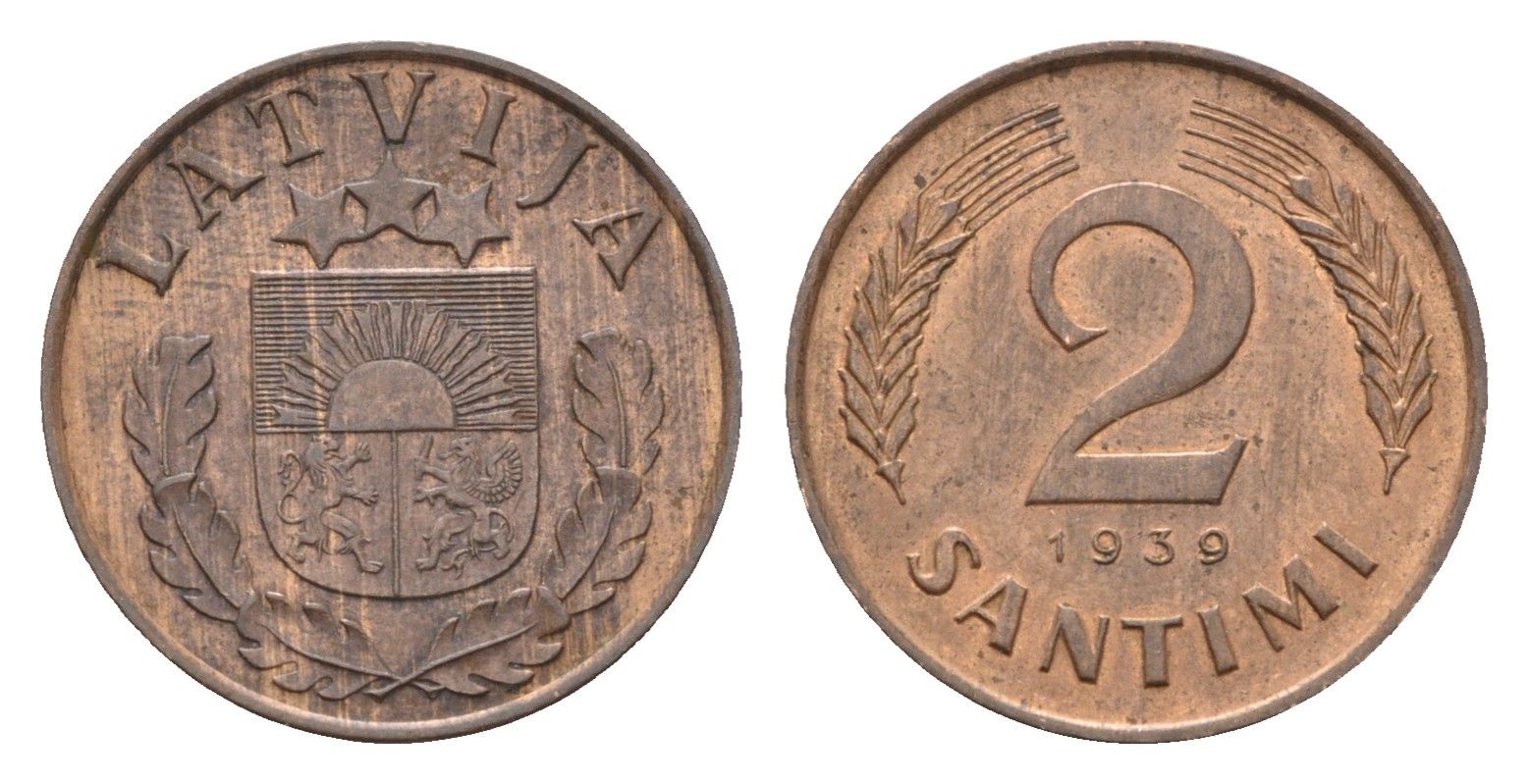 Латвия 2 сантима 1939 KM 11.2 бронза 4679-247