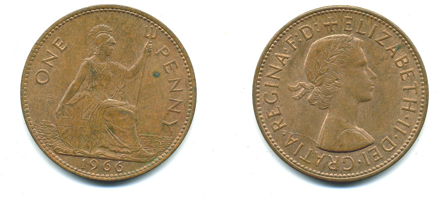 Великобритания 1 пенни 1966 Елизавета II (1952-2022) KM 897, Spink 4157 бронза 4383-735