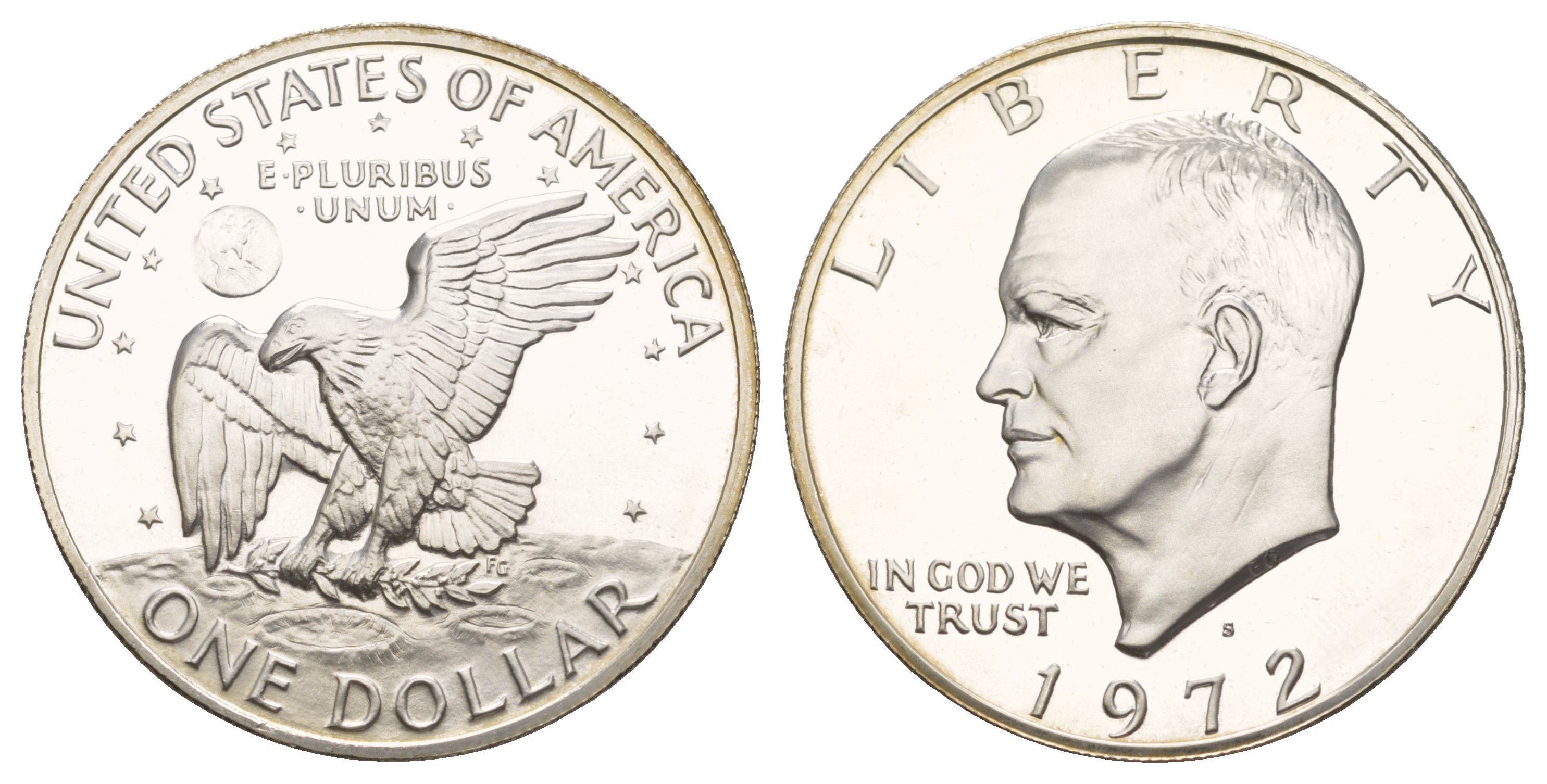 США 1 доллар 1972 S, Президент Эйзенхауэр, лунный орел KM 203a серебро PROOF 413-6843