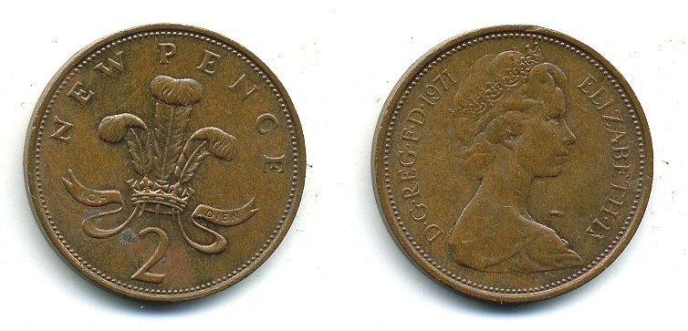 Великобритания 2 пенса 1971 Елизавета II (1952-2022) КМ 916, Spink 4235 (C1) бронза 4110-551