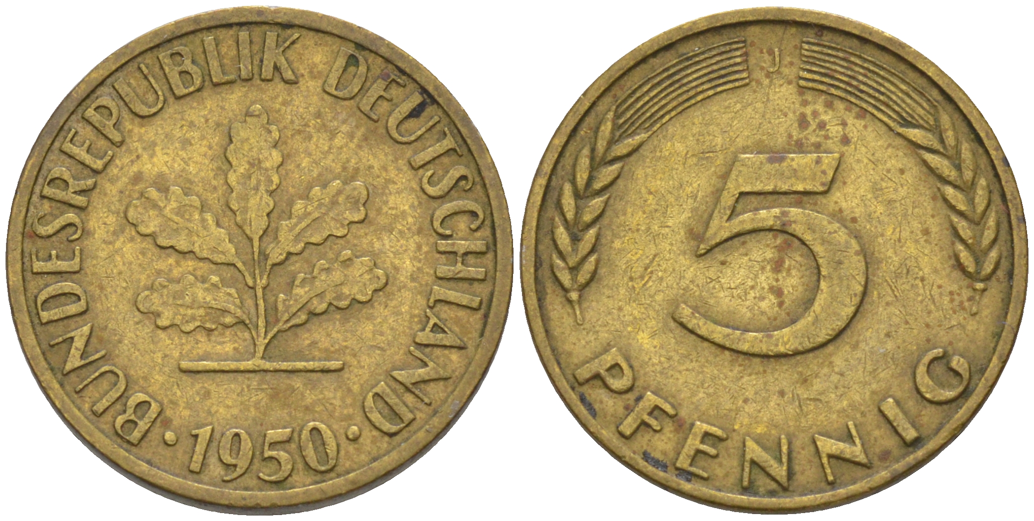 ФРГ 5 пфеннигов 1950 J KM 107, J. 382 сталь плакированная латунью 55-1254