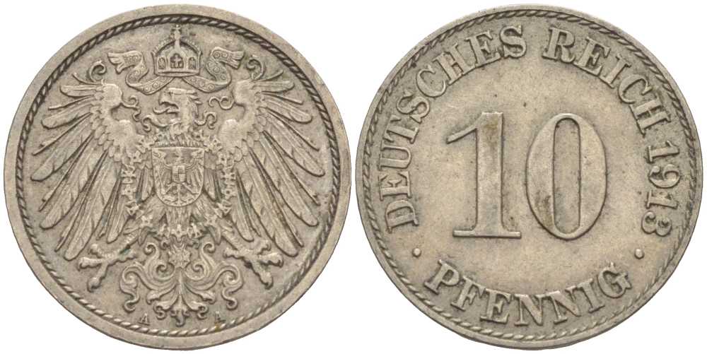 ГЕРМАНИЯ 10 ПФЕННИГОВ 1913 A KM 12, J. 13 медно-никель 33-651