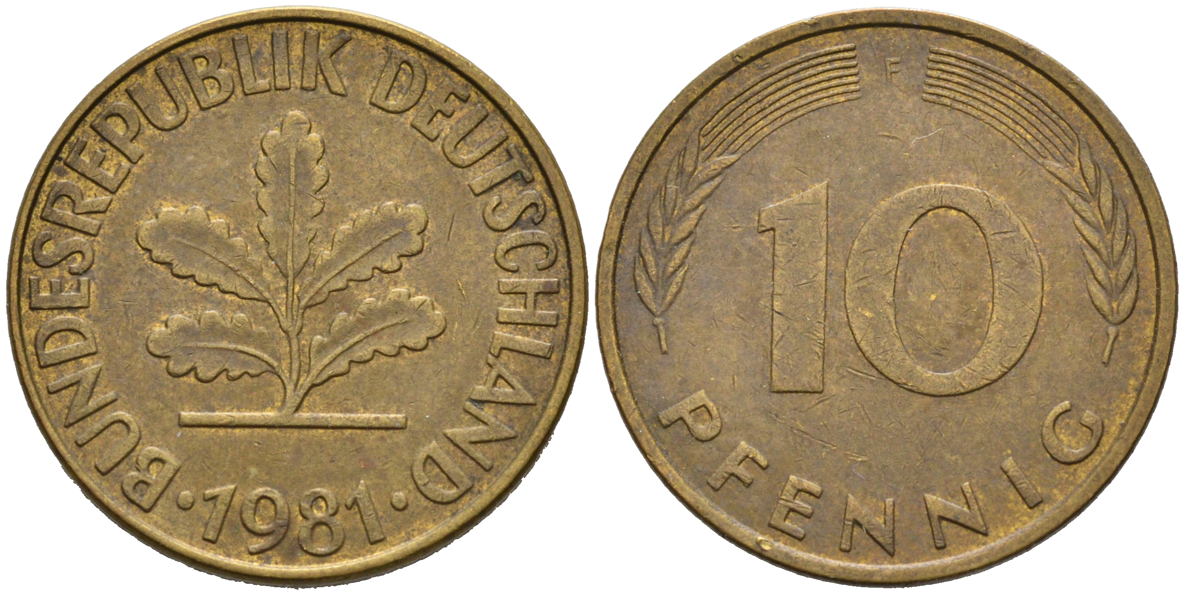 ФРГ 10 ПФЕННИГОВ 1981 F KM 108, J. 383 сталь плакированная латунью 75-647