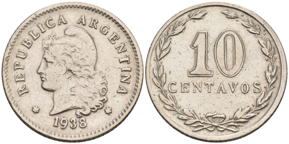 Аргентина 10 сентаво 1938 голова Свободы влево KM 35 медно-никель 4594-345