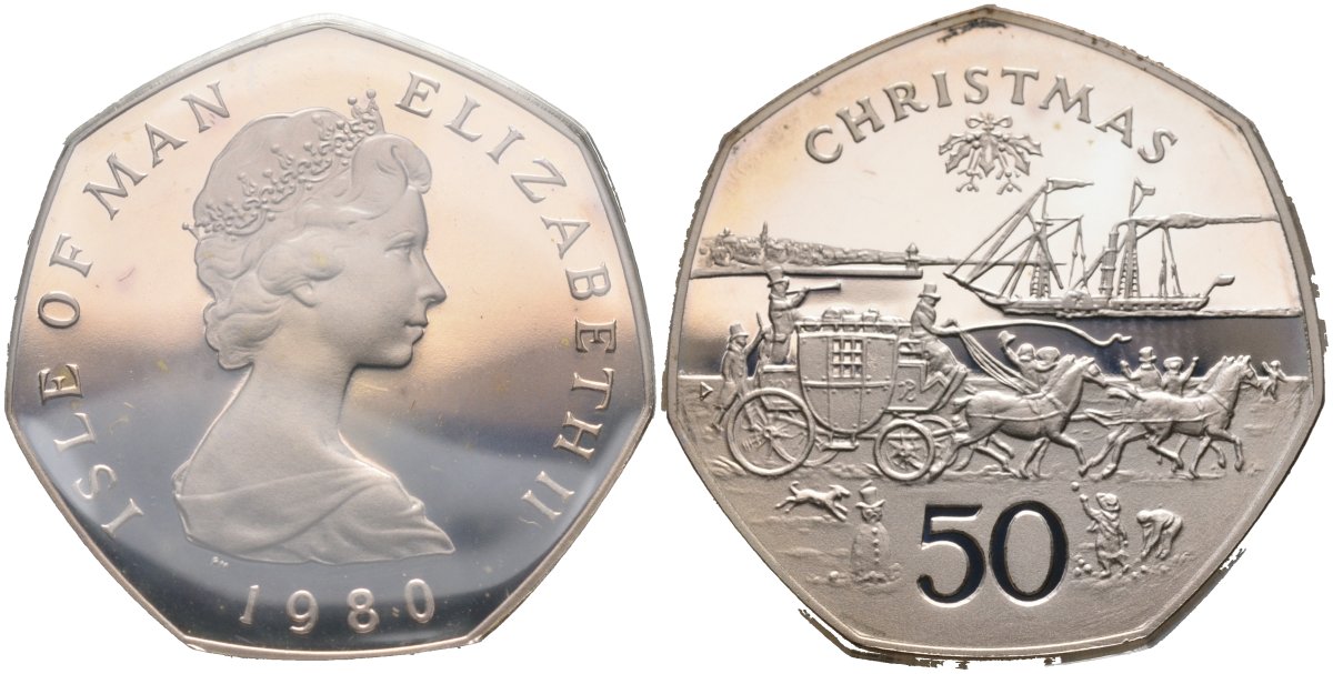 Остров Мэн 50 пенсов 1980 серия Рождество, карета в порту, оригинальная коробка, сертификат, тираж 5000 экз. KM 71а серебро PROOF 0-0-0-0