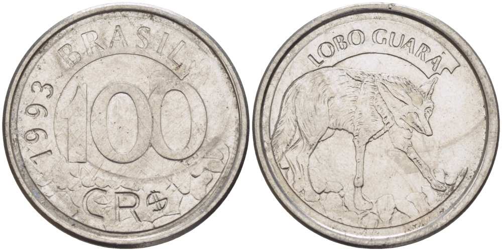 БРАЗИЛИЯ 100 КРУЗЕЙРО РЕАЛ 1993 РЕФОРМА 1993-1994, ВОЛК KM 630 нержавеющая сталь 4388-351