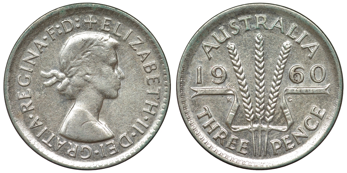 Австралия 3 пенса 1960 m, Елизавета II (1952-2022) KM 57 серебро 71-638