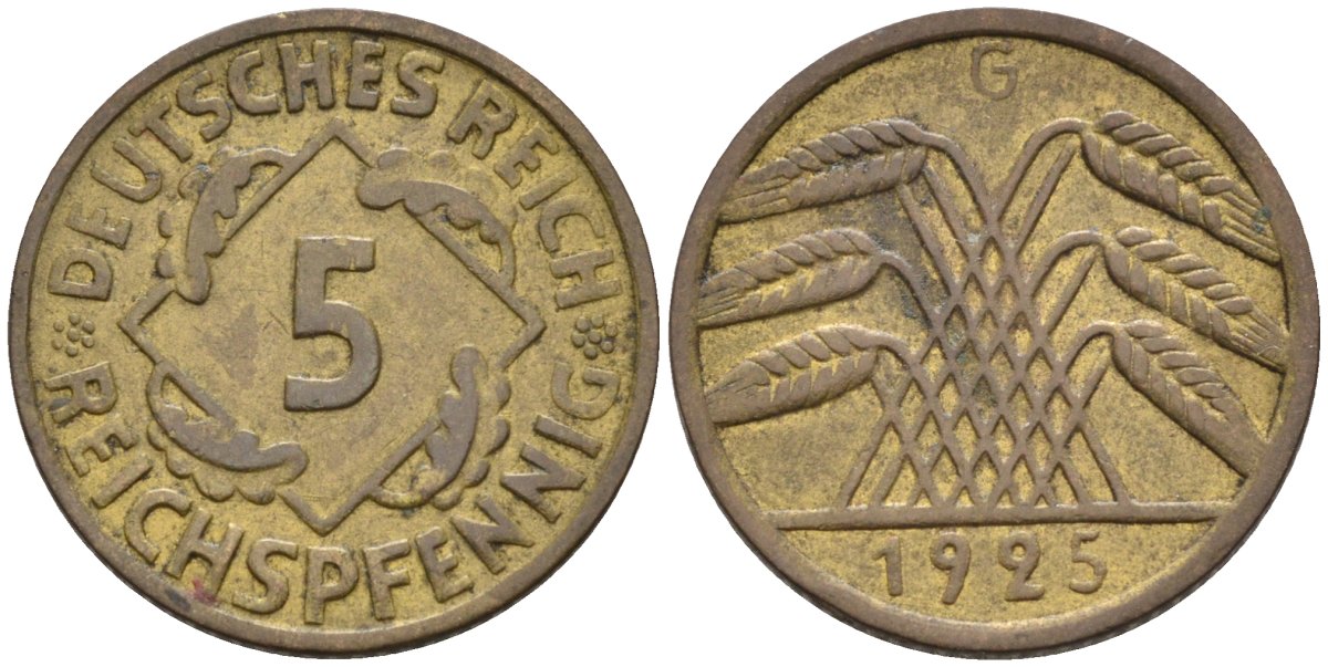 Германия 5 рейхспфеннигов 1925 G KM 39, J.316, Weege 7 алюминиевая бронза 4585-649