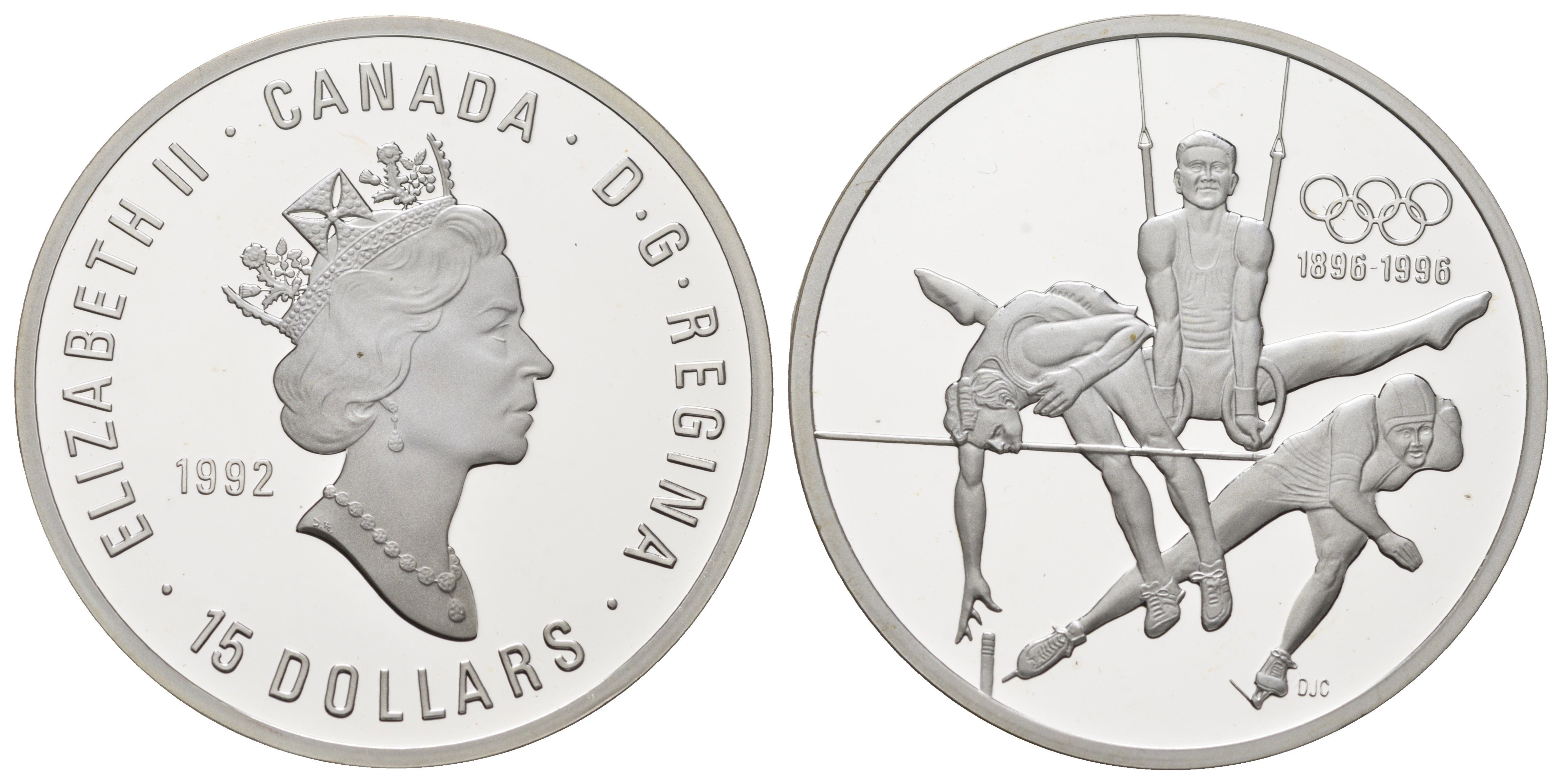 Канада 15 долларов 1992 100 лет Олимпийским играм KM 216 серебро PROOF 11-154-42