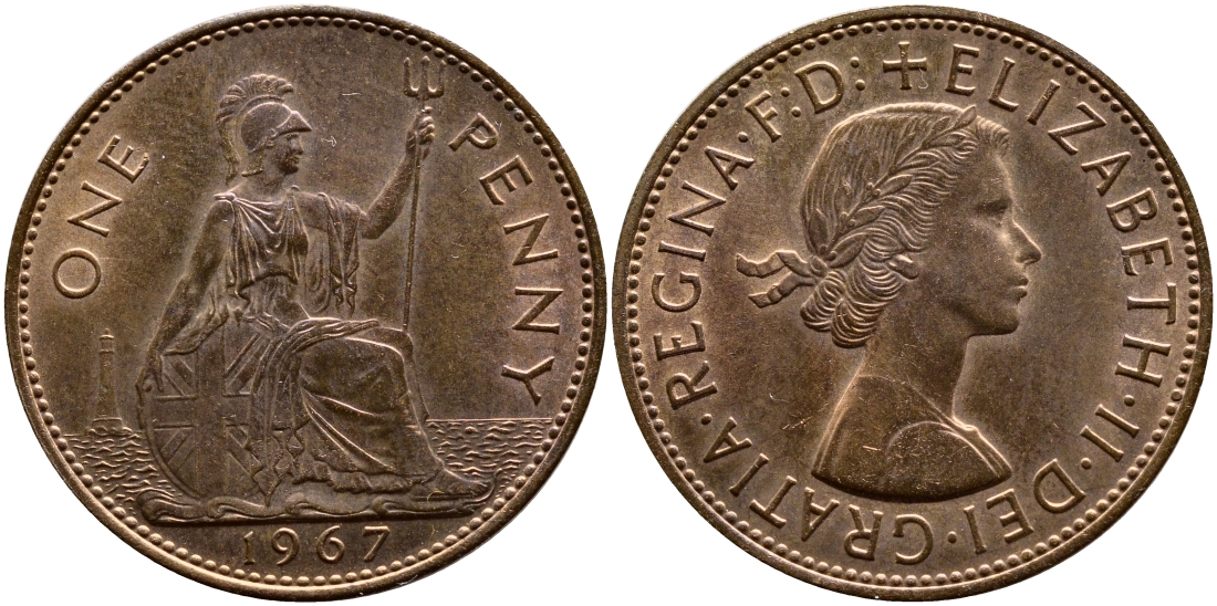 Великобритания 1 пенни 1967 Елизавета II (1952-2022) KM 897, Spink 4157 бронза UNC 41-421