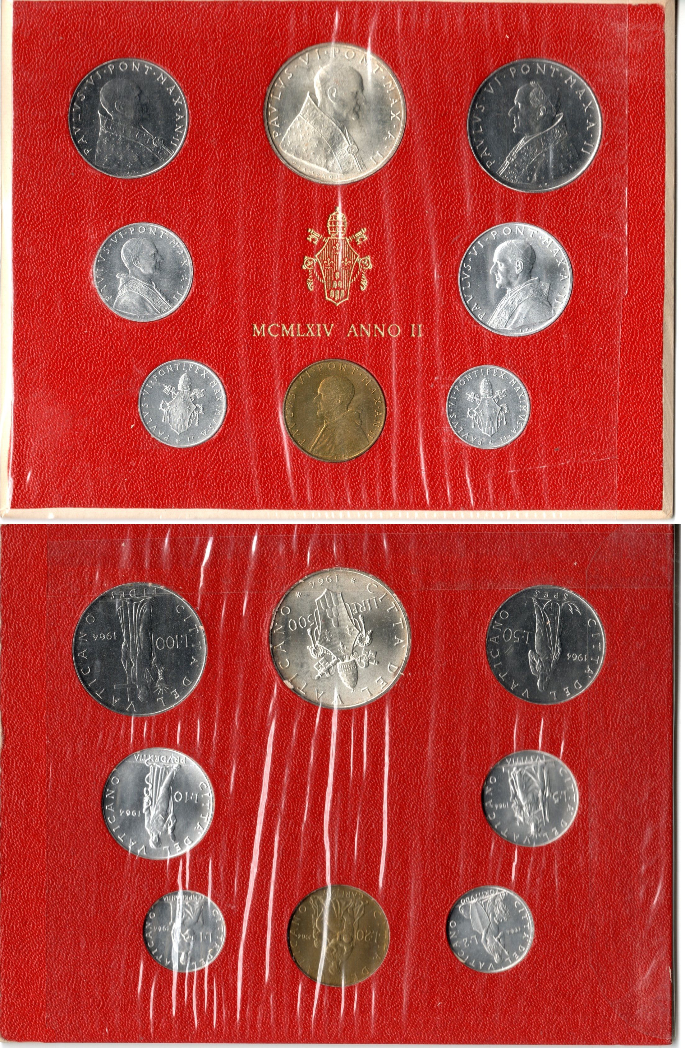 Ватикан официальный набор из 8 монет (1, 2, 5, 10, 20, 50, 100 и 500 лир) 1964 в оригинальном буклете KM MS68 (76.2, 77.2, 78.2, 79.2, 80.1, 81.1, 82.2 и 83.2) UNC 4-3-4-51