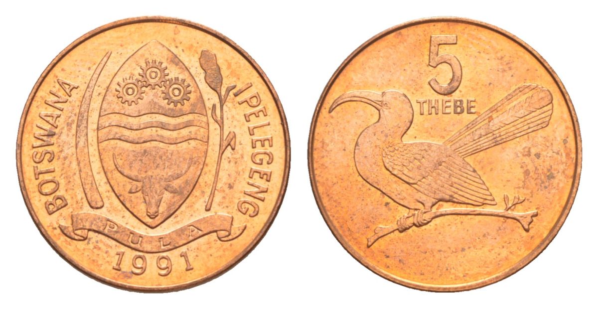 Ботсвана 5 тхебе 1991 Дамарская красноклювая птица-носорог KM 4a сталь плакированная медью UNC 39-1055