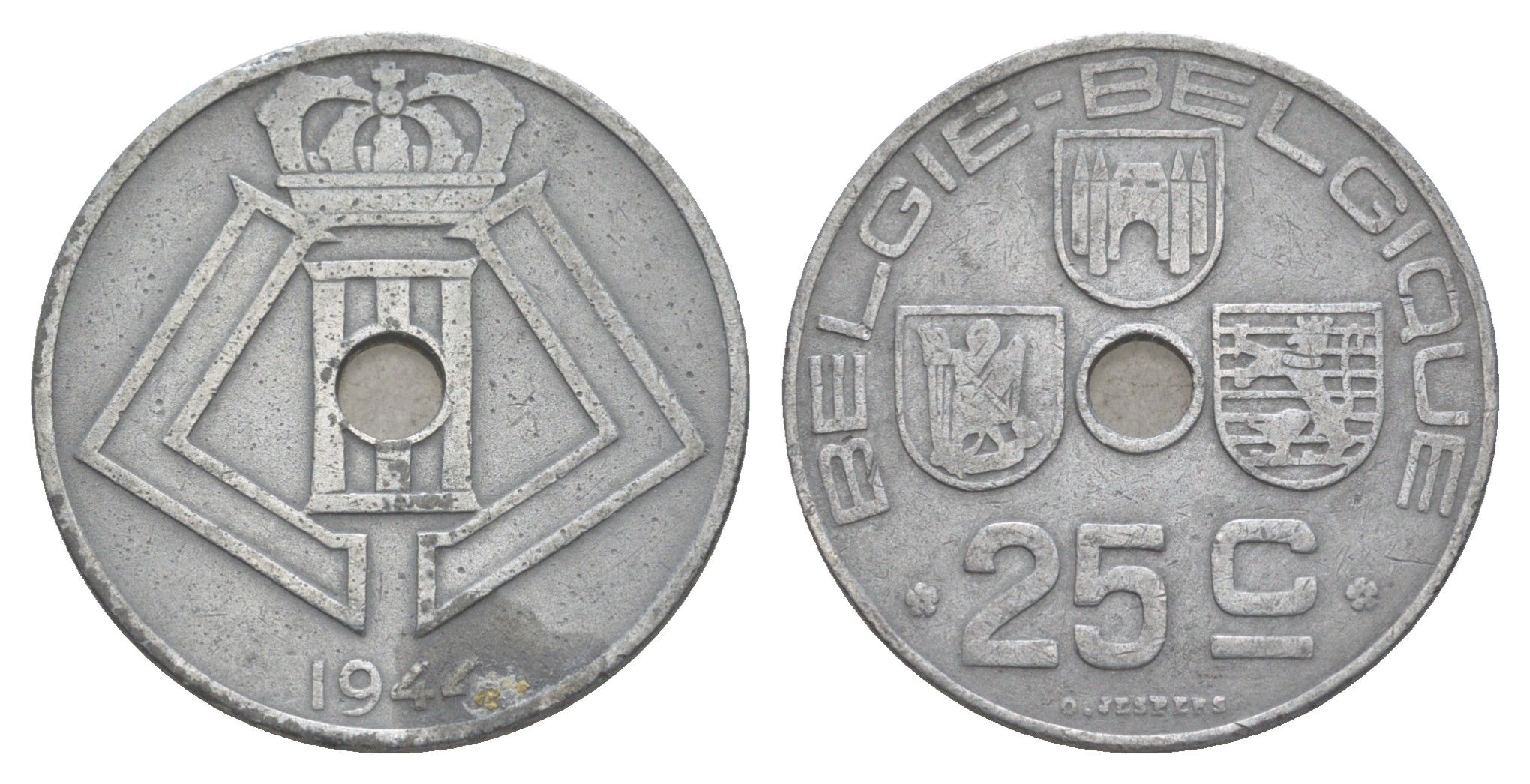 Бельгия 25 сантимов 1944 Belgie - Belgique, Леопольд III (1934-1947), германская оккупация, Вторая мировая война KM 132 цинк 4619-846