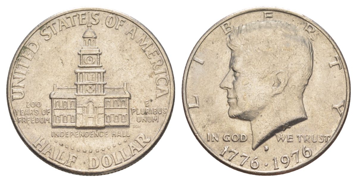 США 1/2 доллара (50 центов) 1976 D, 200 лет независимости, Джон Кеннеди KM 205 медь плакированная медно-никелем aUNC 4557-936