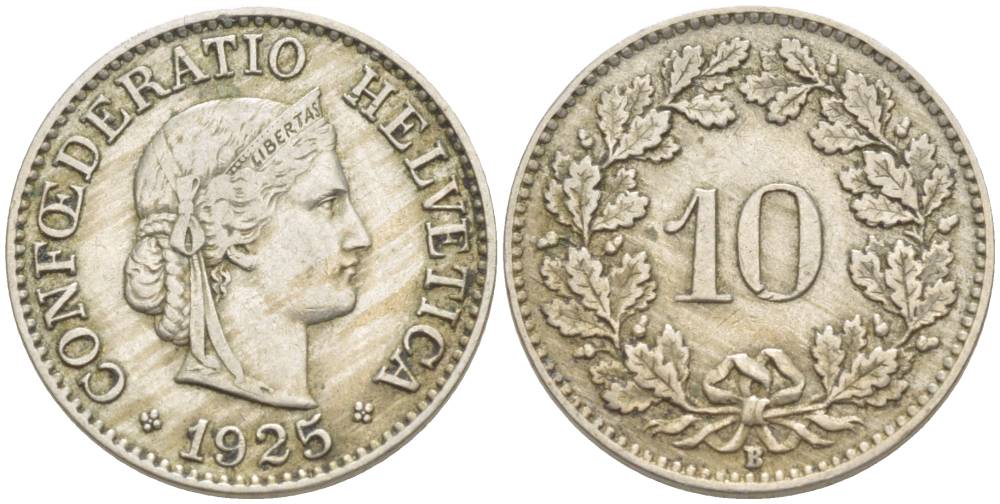 ШВЕЙЦАРИЯ 10 РАППЕНОВ 1925 В KM 27 медно-никель 216-413