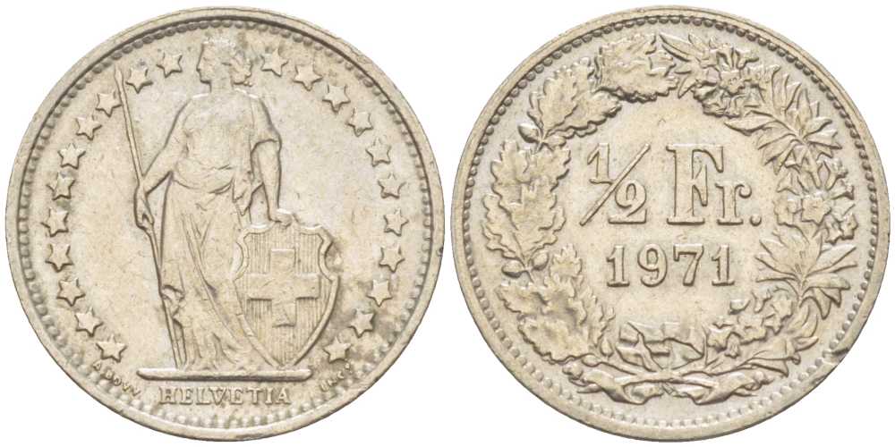 Швейцария 1/2 франка 1971 KM 23а.1 медно-никель 220-237