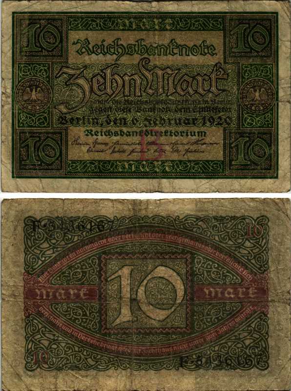ГЕРМАНИЯ 10 МАРОК 1920 6 ФЕВРАЛЯ 1920, БУКВА B, СЕРИЯ F, СЕМЬ ЦИФР В НОМЕРЕ СЕРИИ Pick 67a, Rosenberg 63а бумага 7547-83-3-1