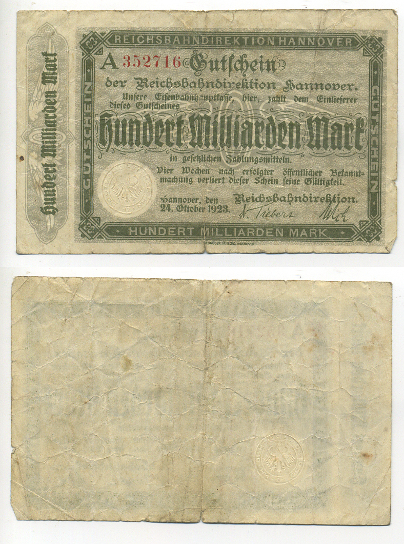 ГАННОВЕР 100000000000 МАРОК 1923 НОТГЕЛЬД, 24 ОКТЯБРЯ 1923, СЕРИЯ А Keller 2165h бумага 7183-10-3