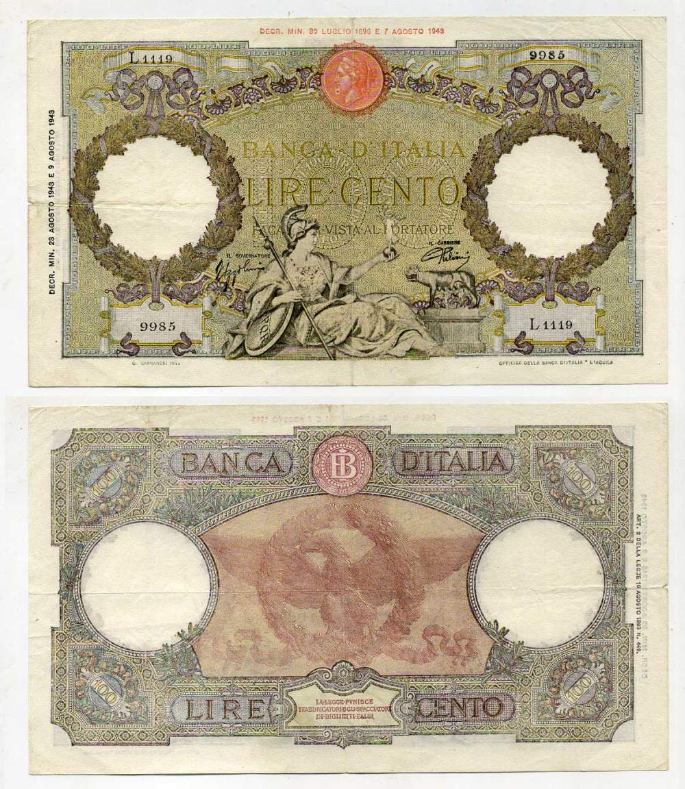 Италия 100 лир 1943 23 августа 1943 Pick 68, Grapanzano 221A  бумага   451-145-1
