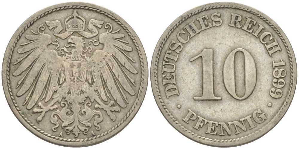 ГЕРМАНИЯ 10 ПФЕННИГОВ 1899 A KM 12, J. 13 медно-никель 4401-1054