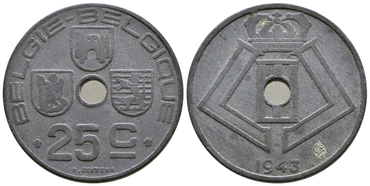 БЕЛЬГИЯ 25 САНТИМОВ 1943 BELGIE-BELGIQUE, ГЕРМАНСКАЯ ОККУПАЦИЯ, ВТОРАЯ МИРОВАЯ ВОЙНА KM 132 цинк 4384-1014