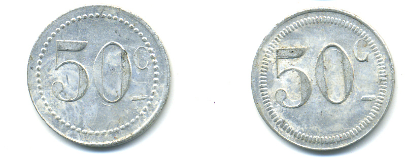 ФРАНЦИЯ 50 САНТИМОВ НАЧАЛО XX ВЕКА d 24 мм, вес около 1,0 гр., платежный жетон алюминий 89-936