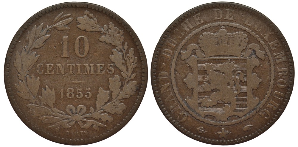 ЛЮКСЕМБУРГ 10 САНТИМОВ 1855 А, ГЕРЦОГ ВИЛЛЕМ III НИДЕРЛАНДСКИЙ (1849-1890), МОНДВОР ПАРИЖ КМ 23.2 бронза 4536-425
