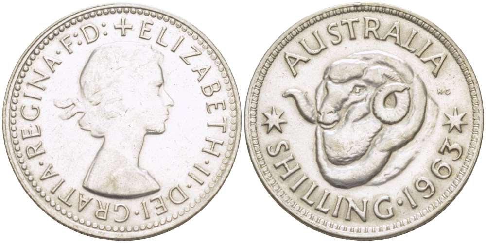 Австралия 1 шиллинг 1963 m, Елизавета II (1952-2022), овца меринос KM 59 серебро 00-00