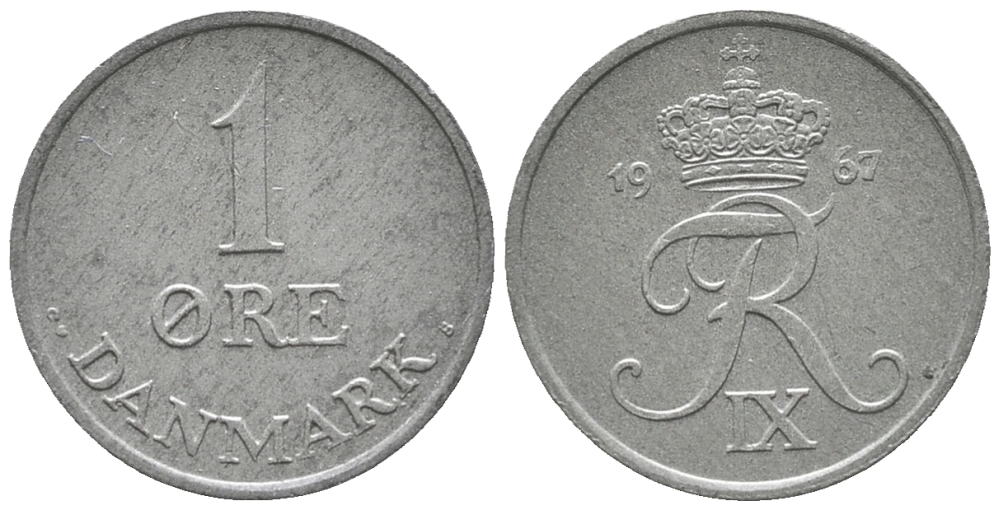 ДАНИЯ 1 ЭРЕ 1967 C; S, ФРЕДЕРИК IX (1947-1972) KM 839.2 цинк UNC 100-1135