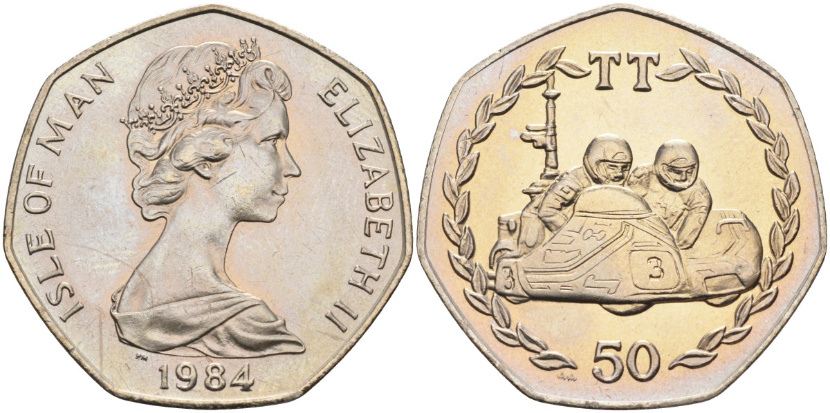 Остров Мэн 50 пенсов 1984 АА, мотогонки, Елизавета II (1952) KM 126 медно-никель UNC 4583-636