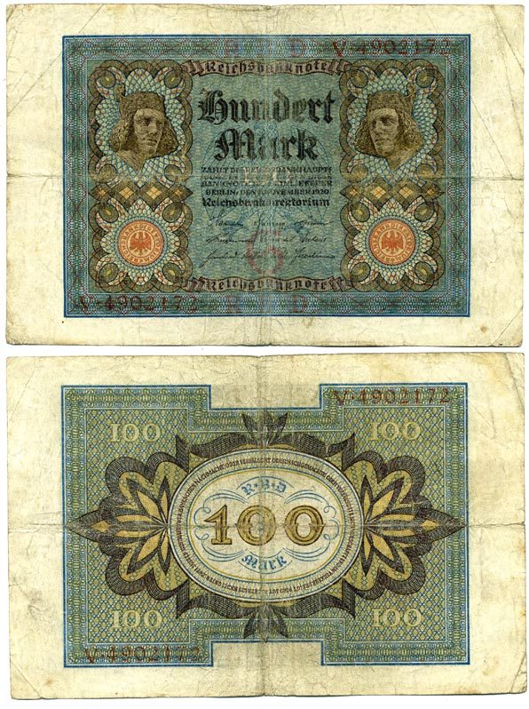 Германия 100 марок 1920 Бамбергский всадник, 7 цифр в номере Pick 69 a, Розенберг 67а  бумага 3295-114-3-1