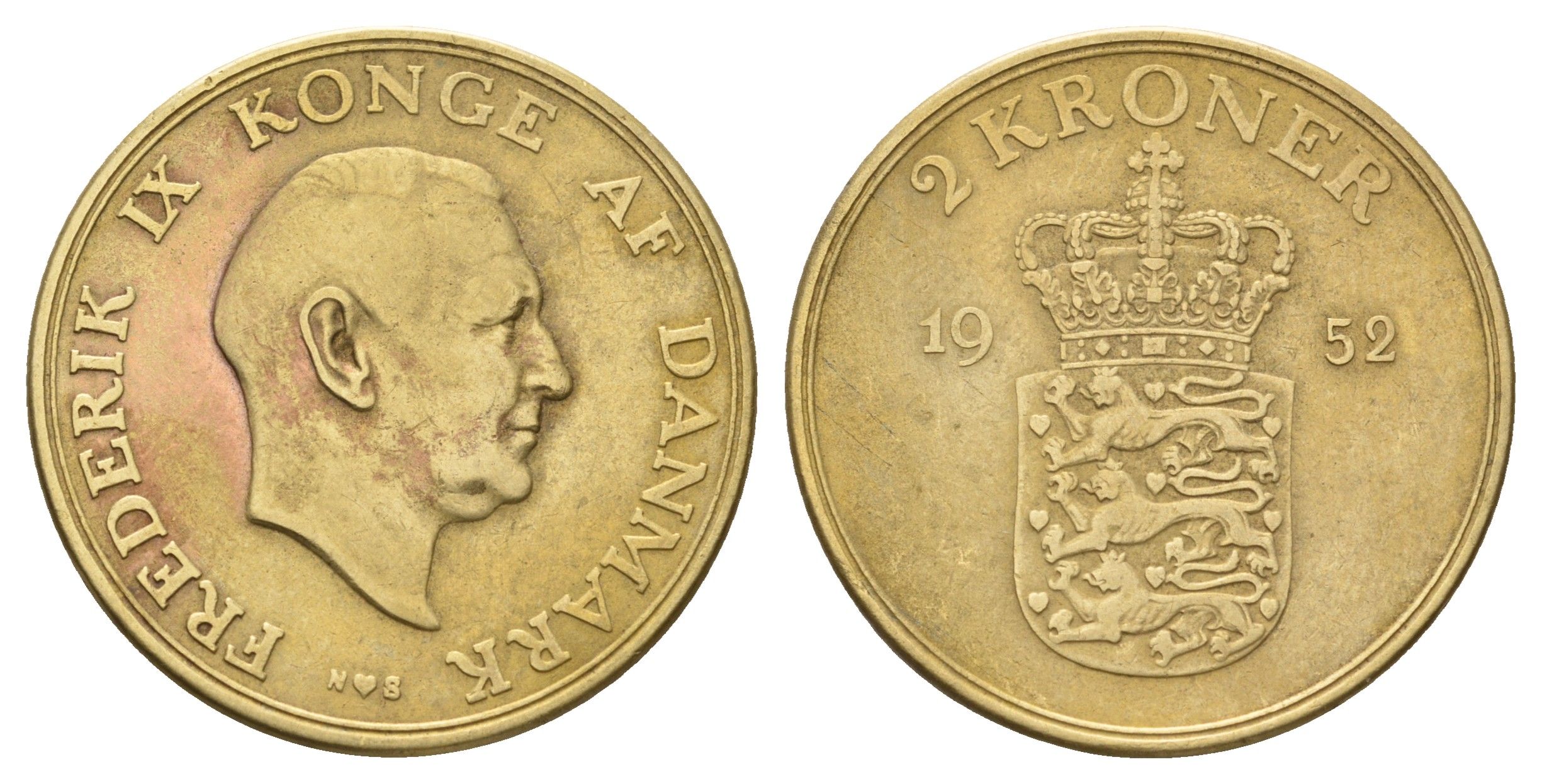 Дания 2 кроны 1952 N, Фредерик IX (1947-1972) KM 838 алюминиевая бронза 72-244
