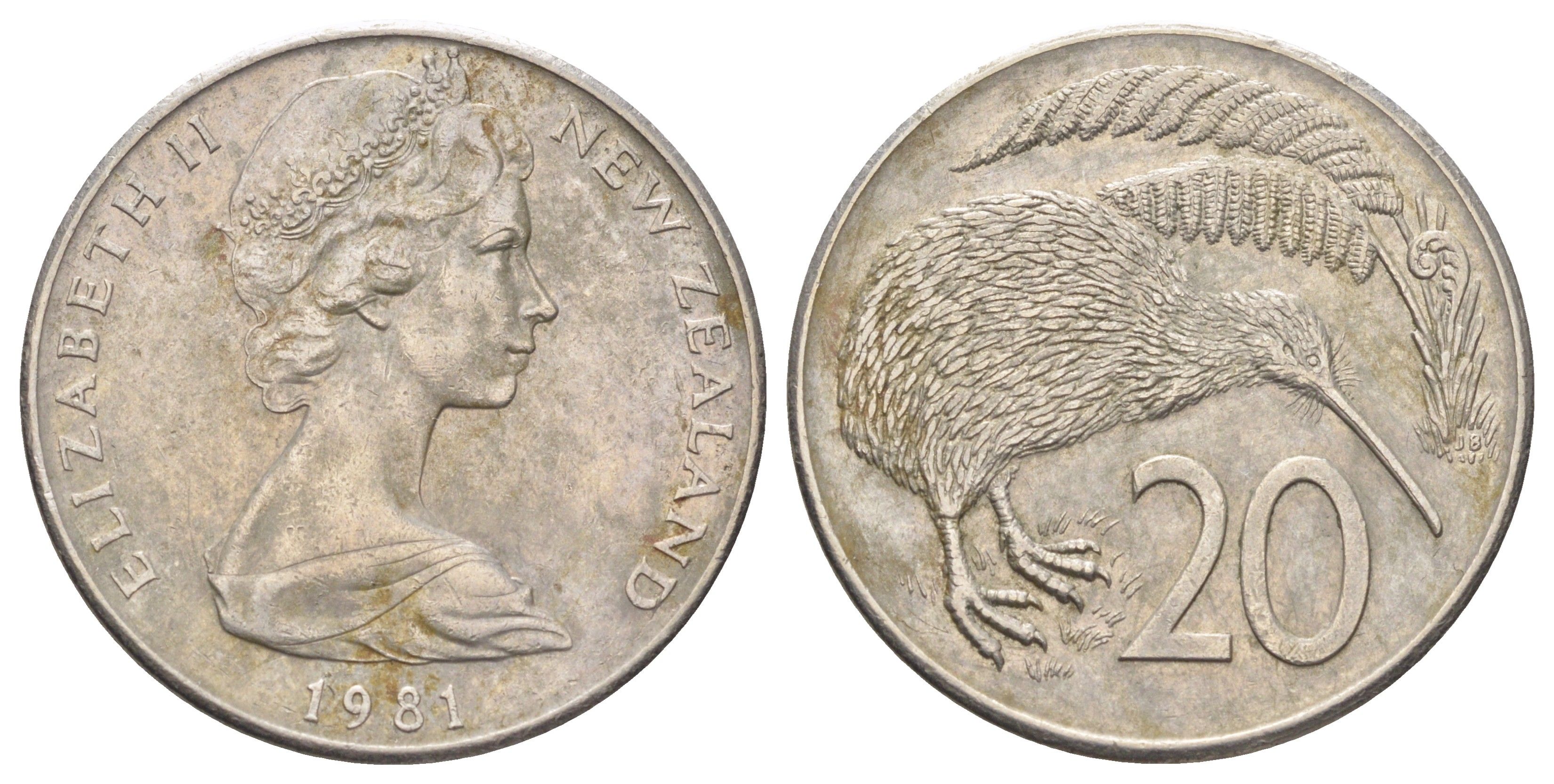 Новая Зеландия 20 центов 1981 Елизавета II (1952-2022), птичка киви KM 36 медно-никель 4699-1117