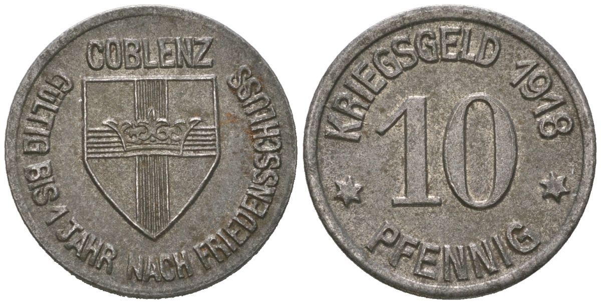 Кобленц 10 пфеннигов 1918 Funck 80.1A, Men05 4526.1, Men18 5727.1 железо 99-431
