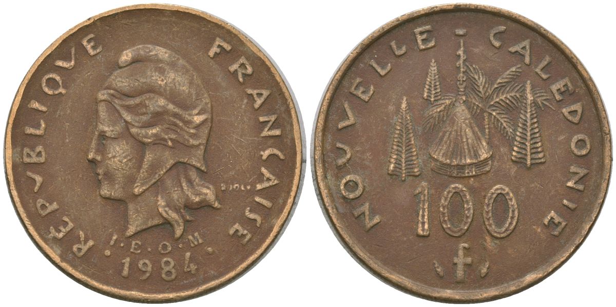 Французская Новая Каледония 100 франков 1984 хижина среди сосен и пальм, (IEOM) KM 15, Schoen 16, Lec 134 никель латунь 4137-733