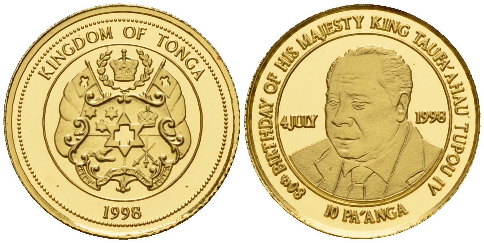 Тонга 10 паанга 1998 80 лет королю Тауфаахау Тупоу IV KM 172 золото PROOF 00-000
