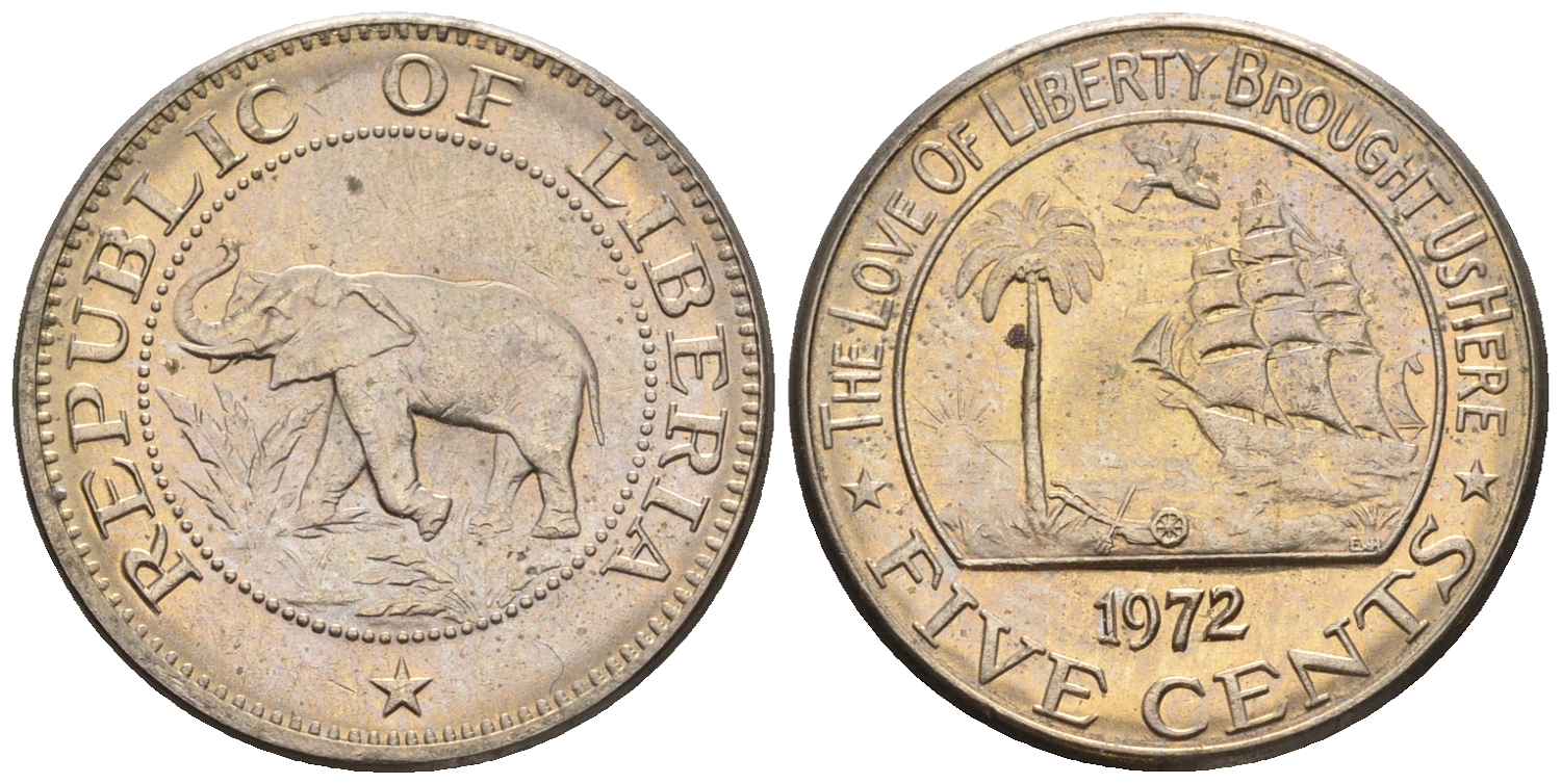 Либерия 5 центов 1972  KM 14 медно-никель  UNC  220-1244