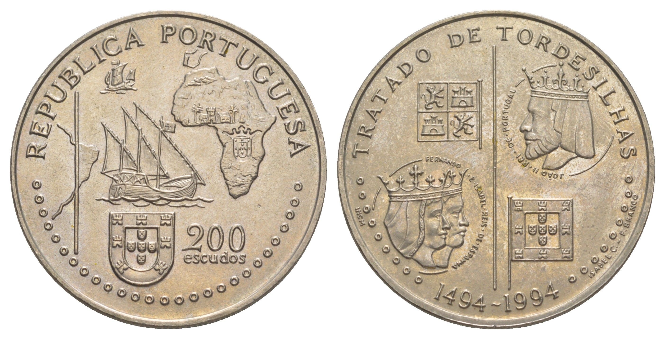 Португалия 200 эскудо 1994 500 лет с момента заключения Тордесильясского договора KM 671 медно-никель UNC 1101-4-61
