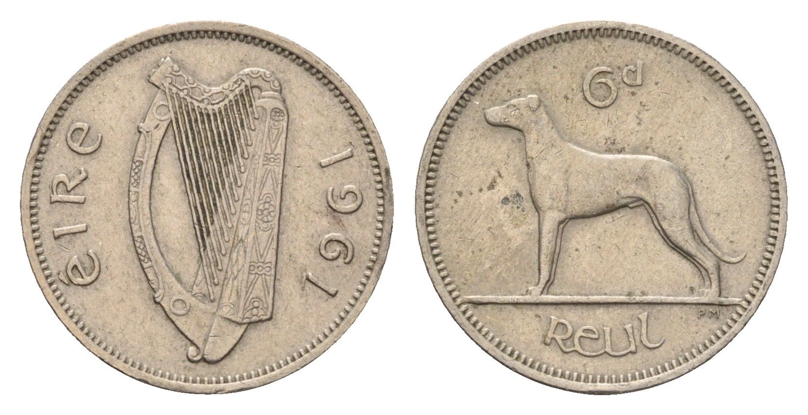 Ирландия 6 пенсов 1961 собака, ирландский волкодав KM 13a медно-никель 4690-336